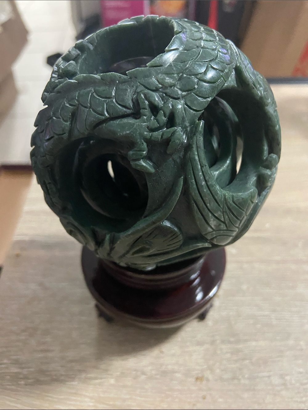 VTG Chinese Carved Green Stone Puzzle Ball Dragon Concentric Sphere Wood Stand